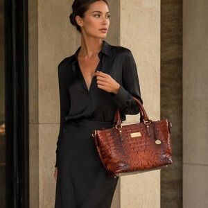 Brahmin Croc-Textured Leather Tote with Brass Medallion